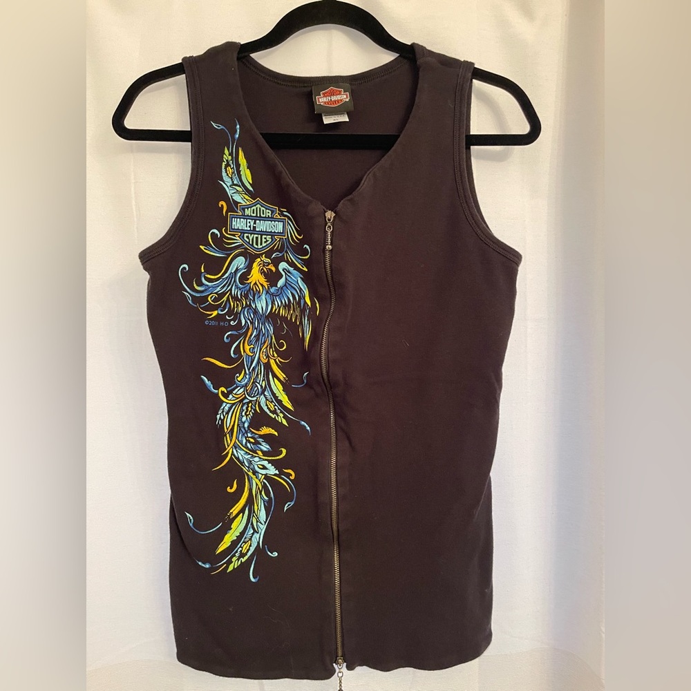 Harley-Davidson Black Zipper Down Tank Top with Colorful Phoenix Design